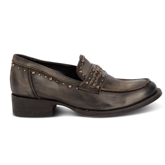 FREEBIRD women's Myla black distressed leather loafer with stud embellishments, flexible tongue and low block heel