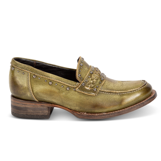 FREEBIRD women's Myla olive leather loafer with stud embellishments, flexible tongue and low block heel