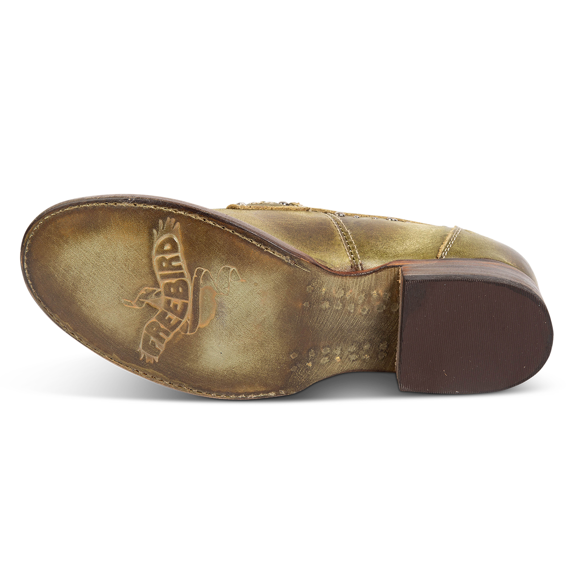 Leather sole imprinted with FREEBIRD on women's Myla olive leather loafer