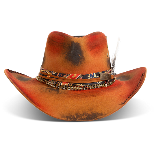 FREEBIRD women's Nelson burnt orange wool hat with front pinched crown and multi band detailing