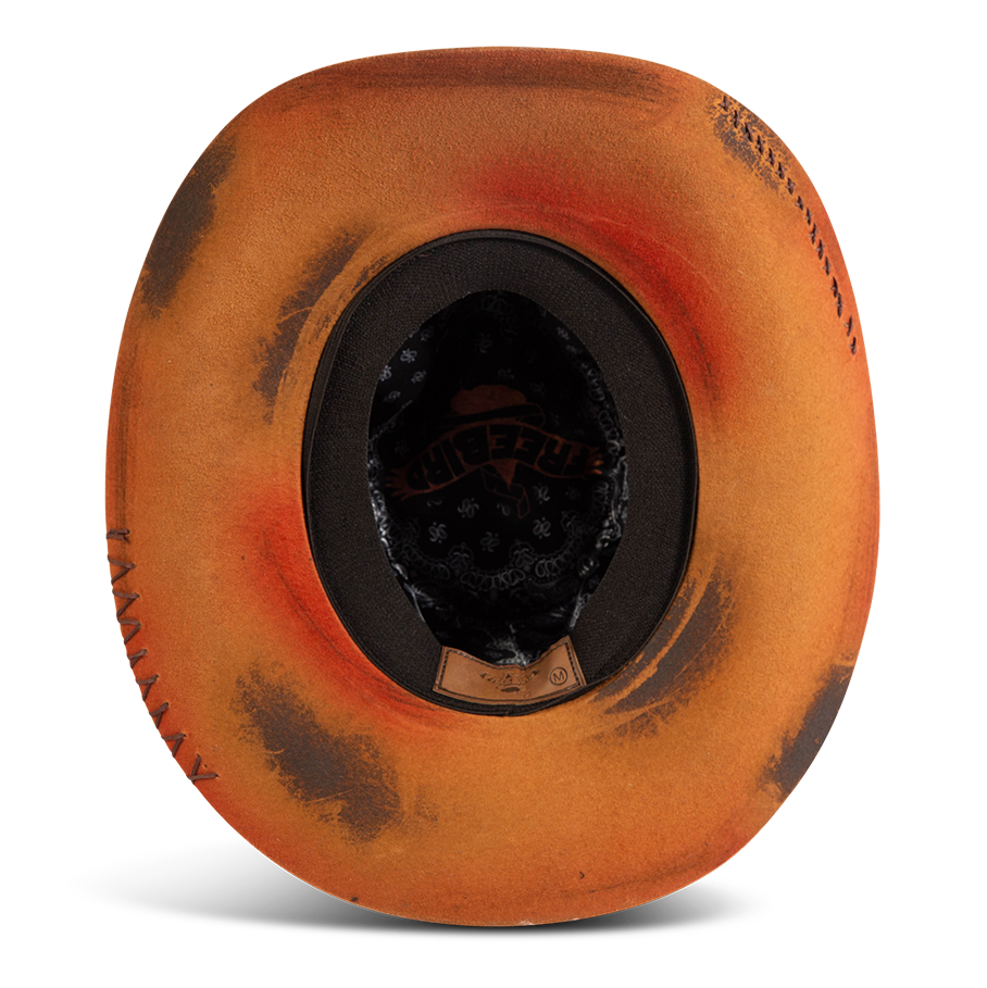 Inside view of FREEBIRD women's Nelson burnt orange wool hat with an interior silk bandana and elastic sweatband