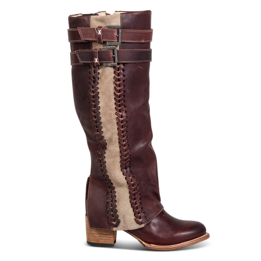 FREEBIRD women's Nighthawk wine tall boot with braided inlay detailing, brass zip closure, and round toe
