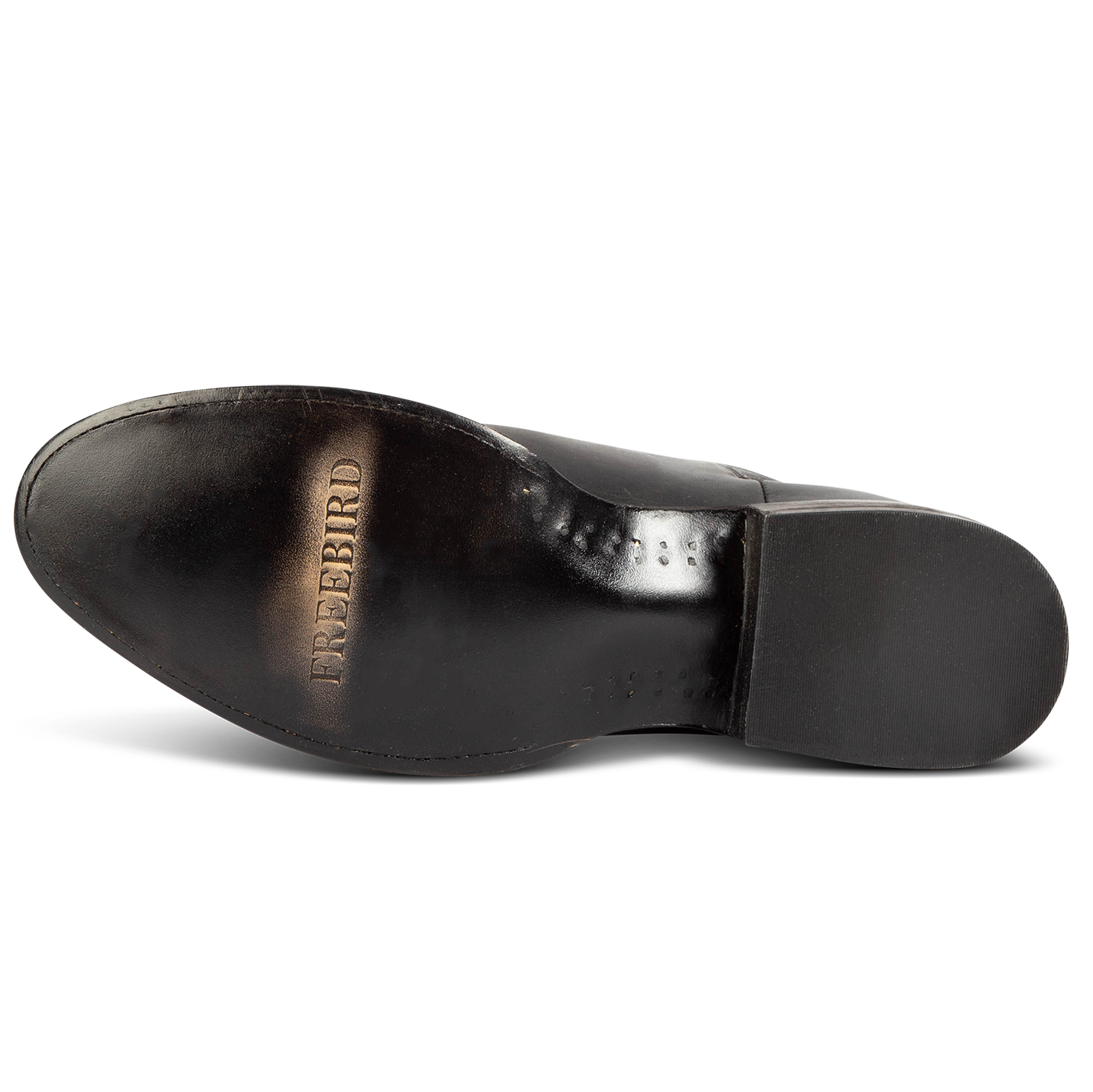 Leather imprinted sole with FREEBIRD on men's Palmer black low heeled ankle boot