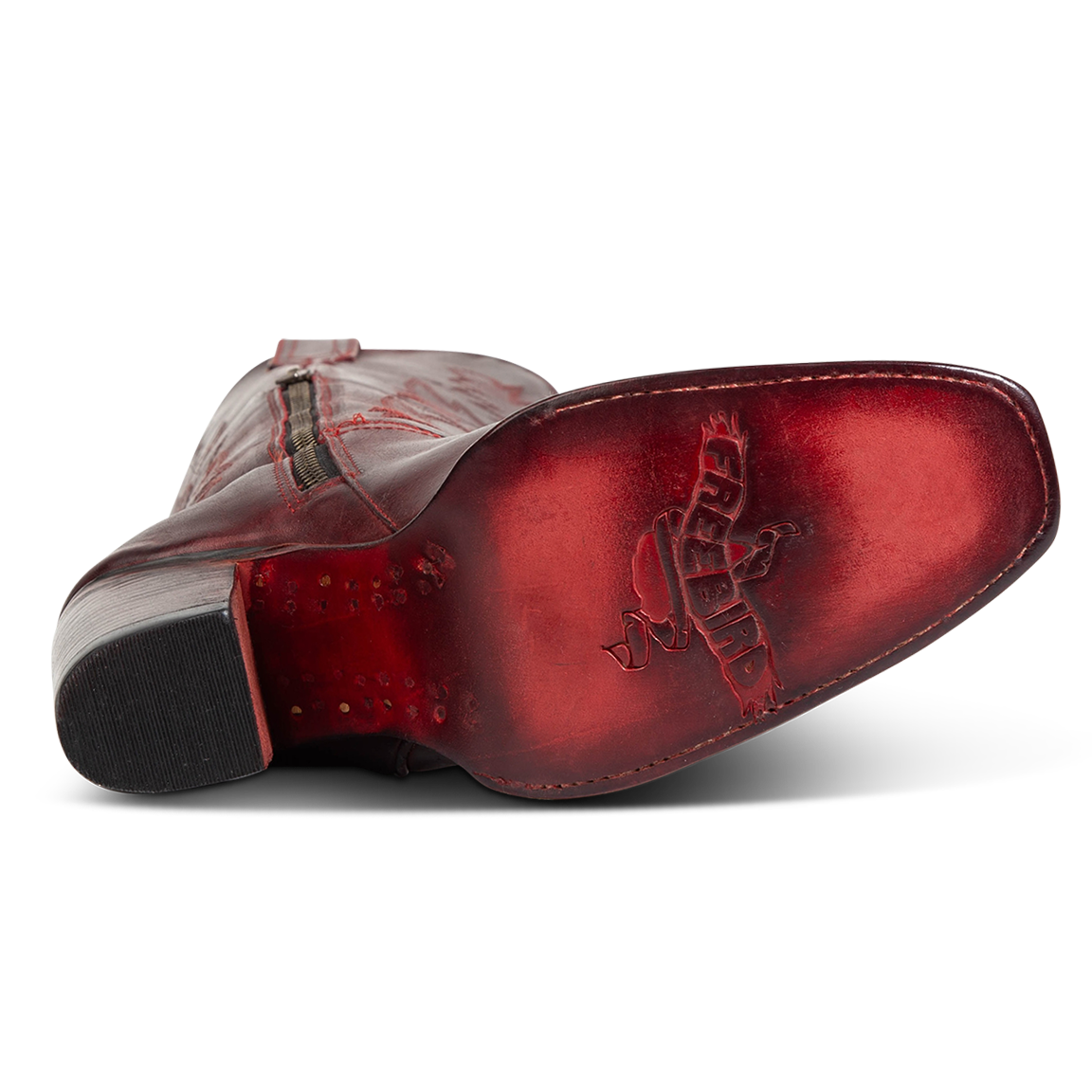 Leather sole imprinted with FREEBIRD on Panama women's wine leather boot