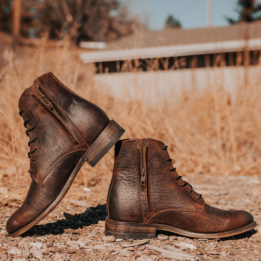 FREEBIRD men's Paxton brown featuring an inside zip closure, leather zipper cover and lace up detailing