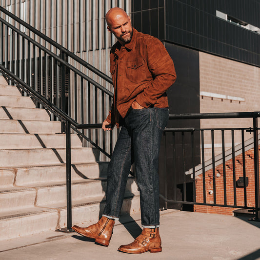 FREEBIRD men's Penn tan dress boot with brogue detailing and decorative straps lifestyle