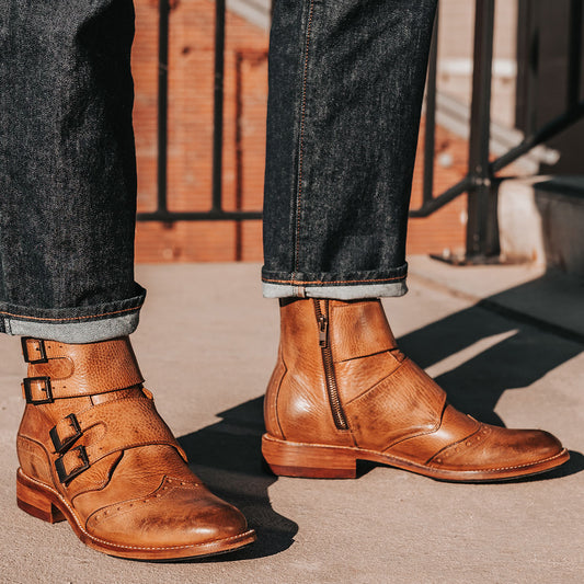 FREEBIRD men's Penn tan dress boot with brogue detailing and decorative straps