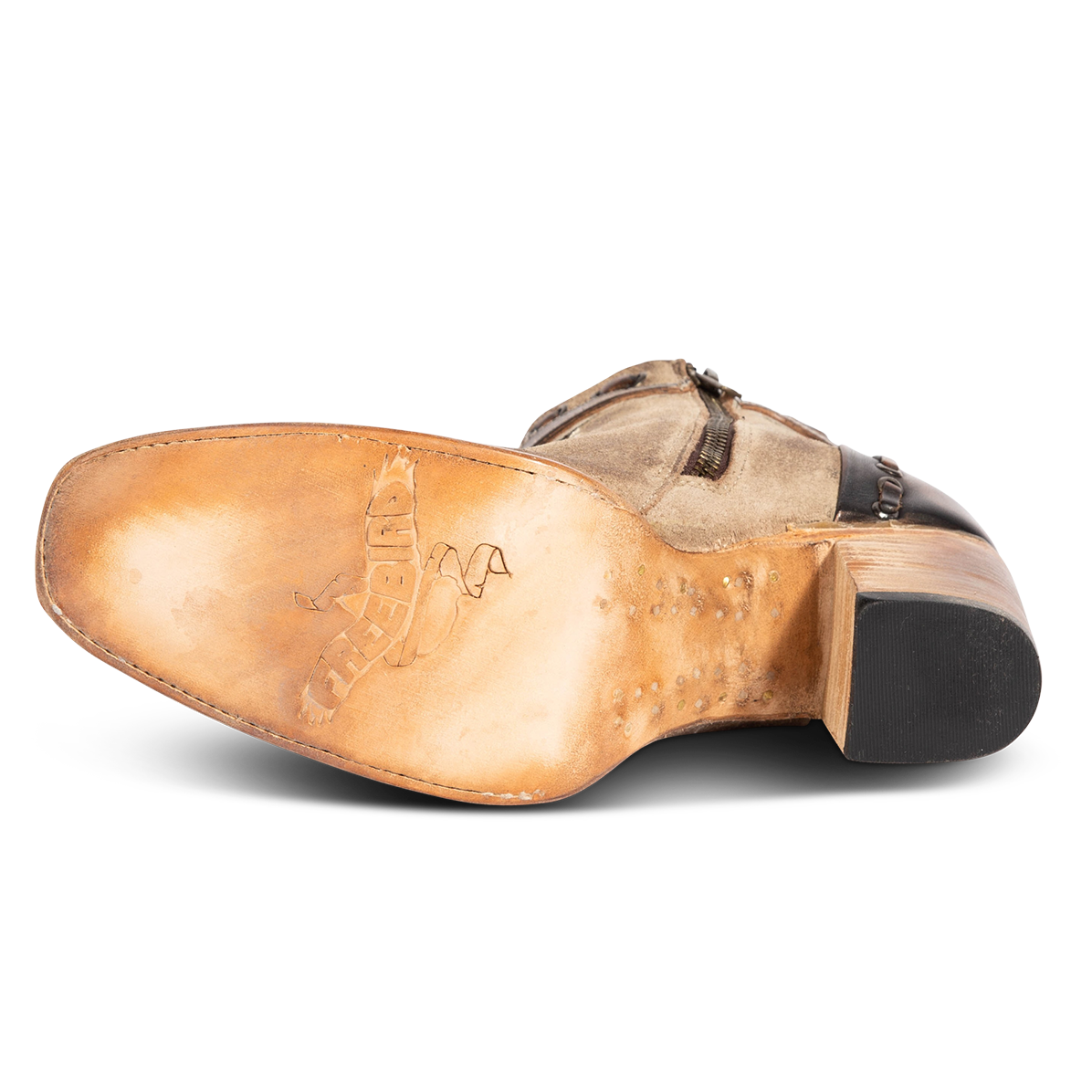 Leather sole imprinted with FREEBIRD on women's Poppy beige suede bootie