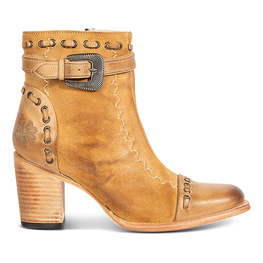 Tan suede POPPY heeled bootie with a stacked block heel, side zip closure, and distressed finish for women.