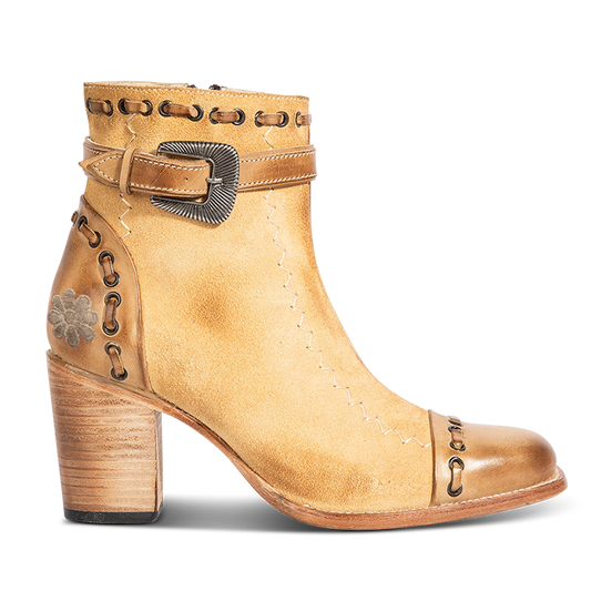 FREEBIRD women's Poppy Tan suede bootie with high heel, inside zip closure, decorative belt, and floral detailing