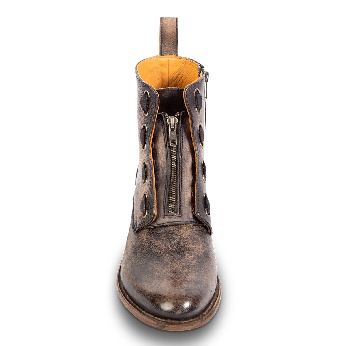 Front view showing front zipper closure, adjustable lacing and leather pull strap on FREEBIRD men's Porter black leather boot