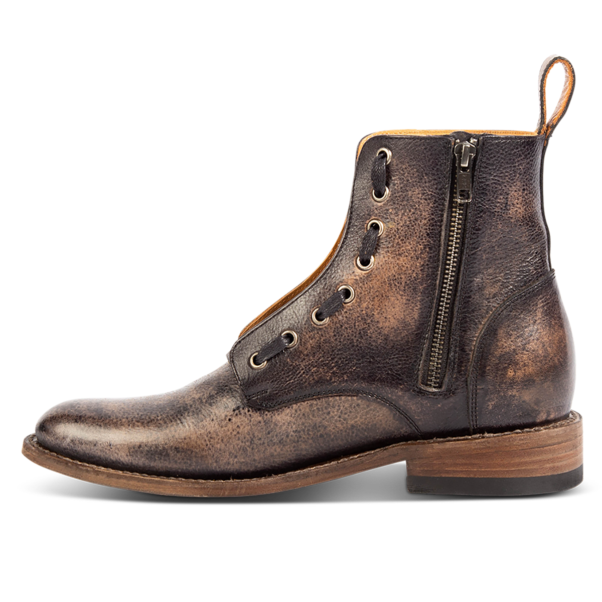 Inside view showing brass zip closure, low block heel and leather pull strap on FREEBIRD men's Porter black leather boot