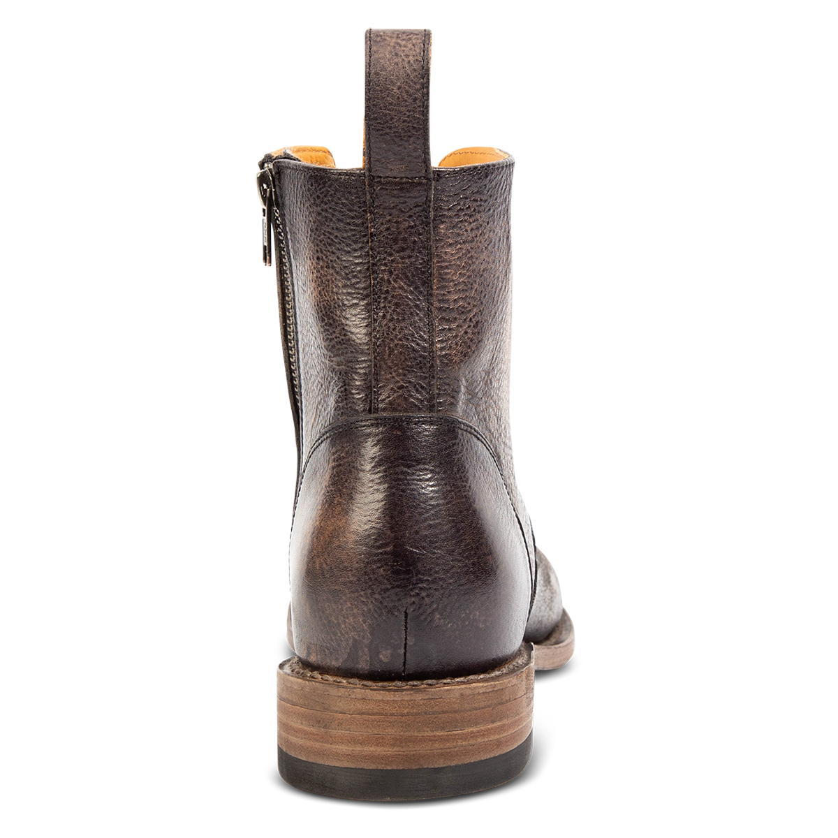 Back view showing leather pull strap and low block heel on FREEBIRD men's Porter black leather boot