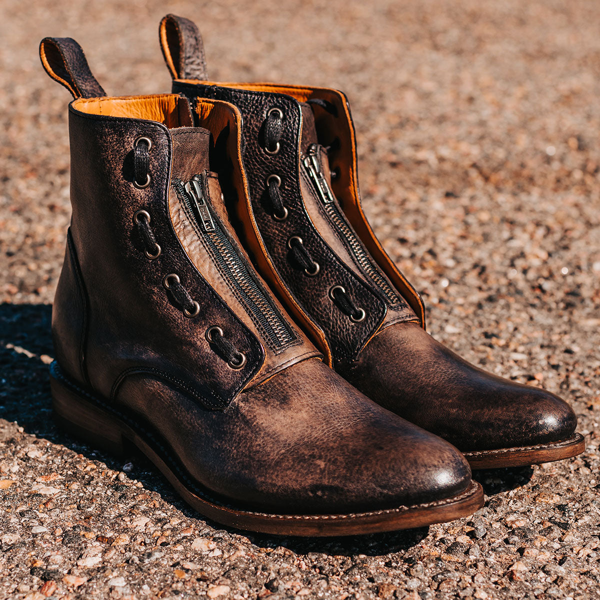 FREEBIRD men's Porter black leather boot featuring double zip closures, adjustable front lacing and an almond toe