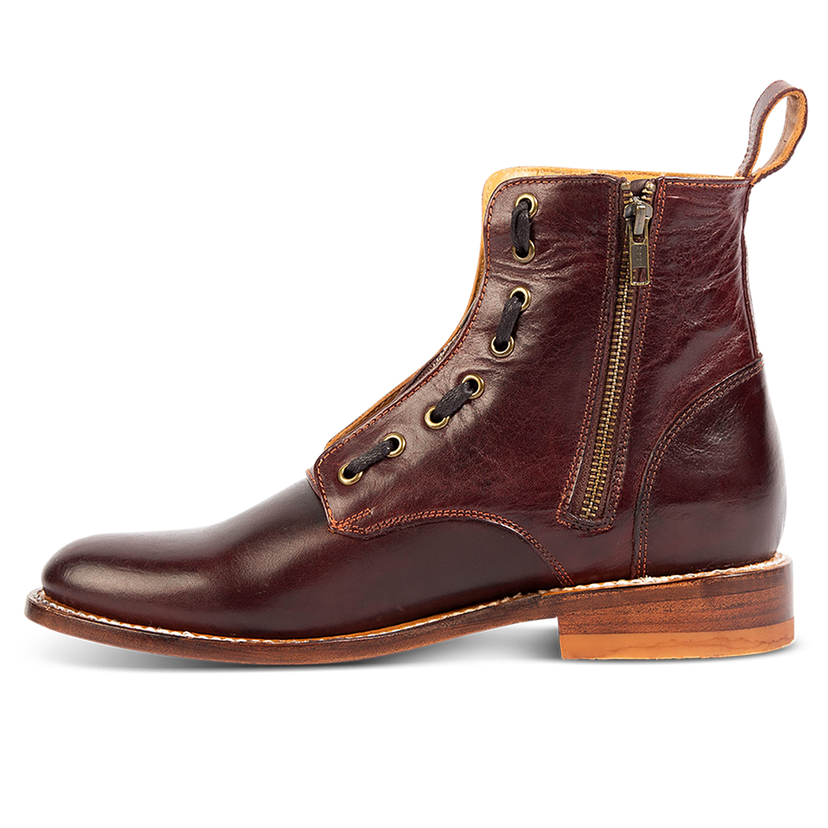 Inside view showing brass zip closure, low block heel and leather pull strap on FREEBIRD men's Porter wine leather boot