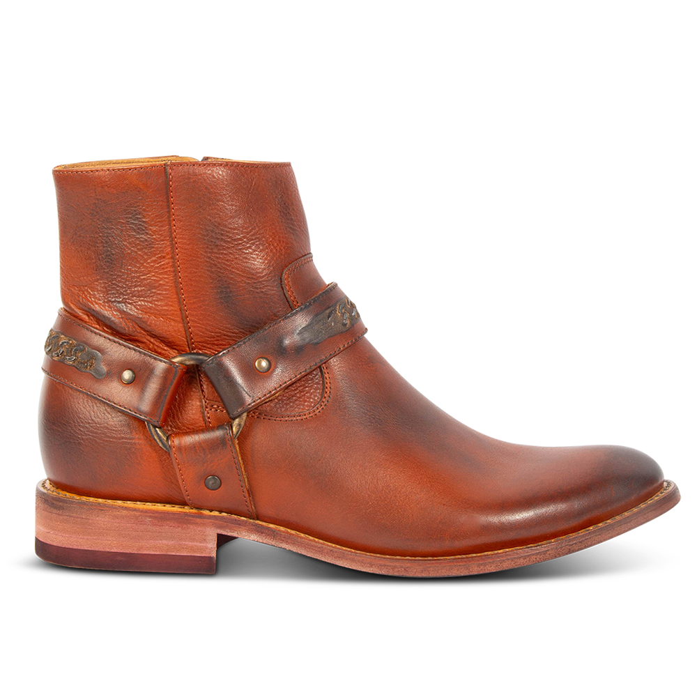 FREEBIRD men's Portland rust leather boot featuring a leather ankle harness with brass chainlink detail, a working inside zip closure and low block heel