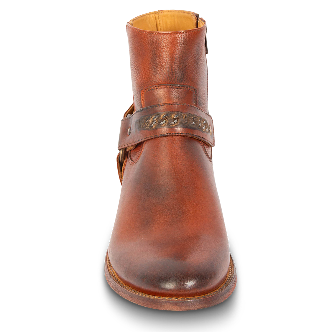 Front view showing FREEBIRD men's Portland rust leather boot featuring a leather ankle harness with brass chainlink detail and an almond toe