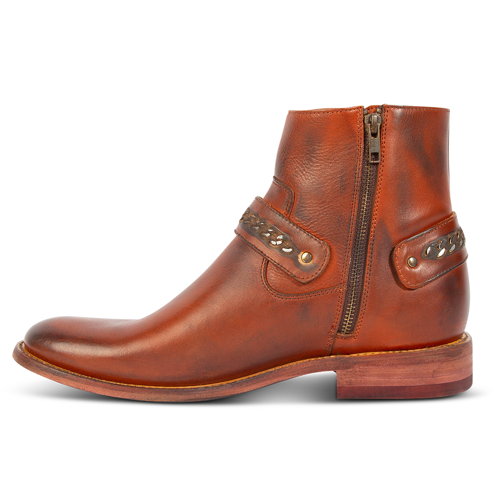 Side view showing an inside working brass zipper, low block heel and chain link decorative detail on FREEBIRD men's Portland rust leather boot
