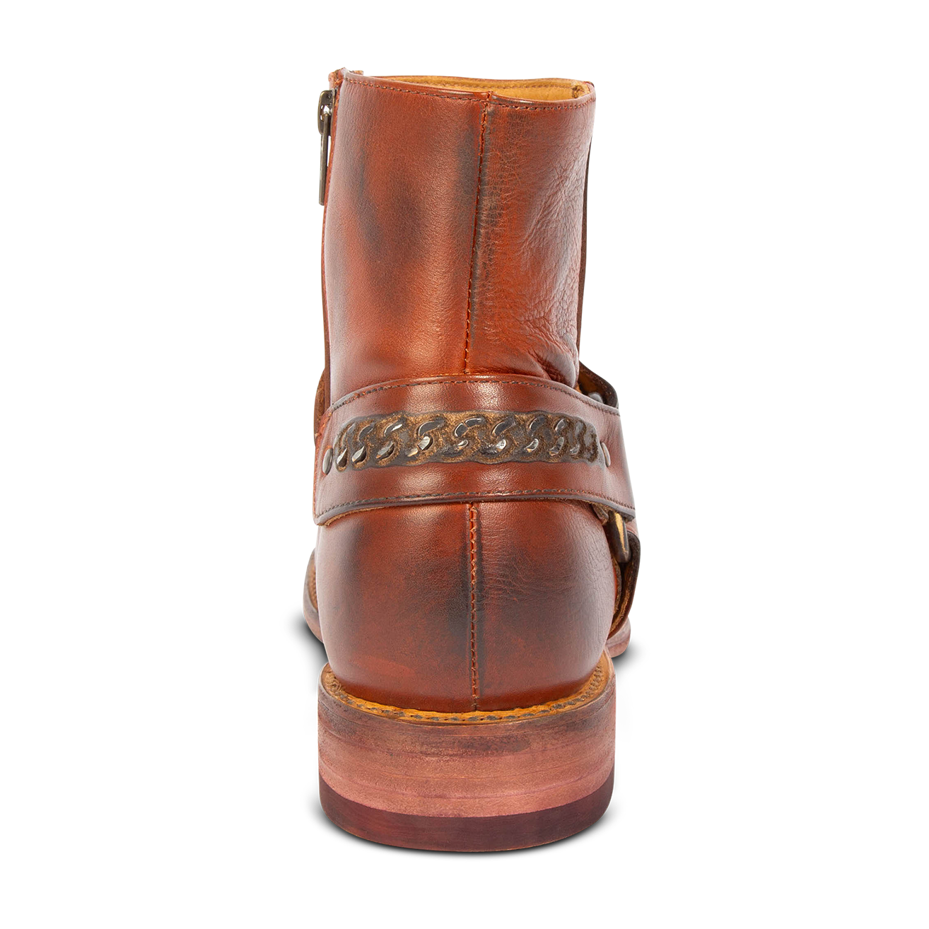 Back view showing a low block heel and ankle harness with chainlink decorative detailing on FREEBIRD men's Portland rust leather boot 