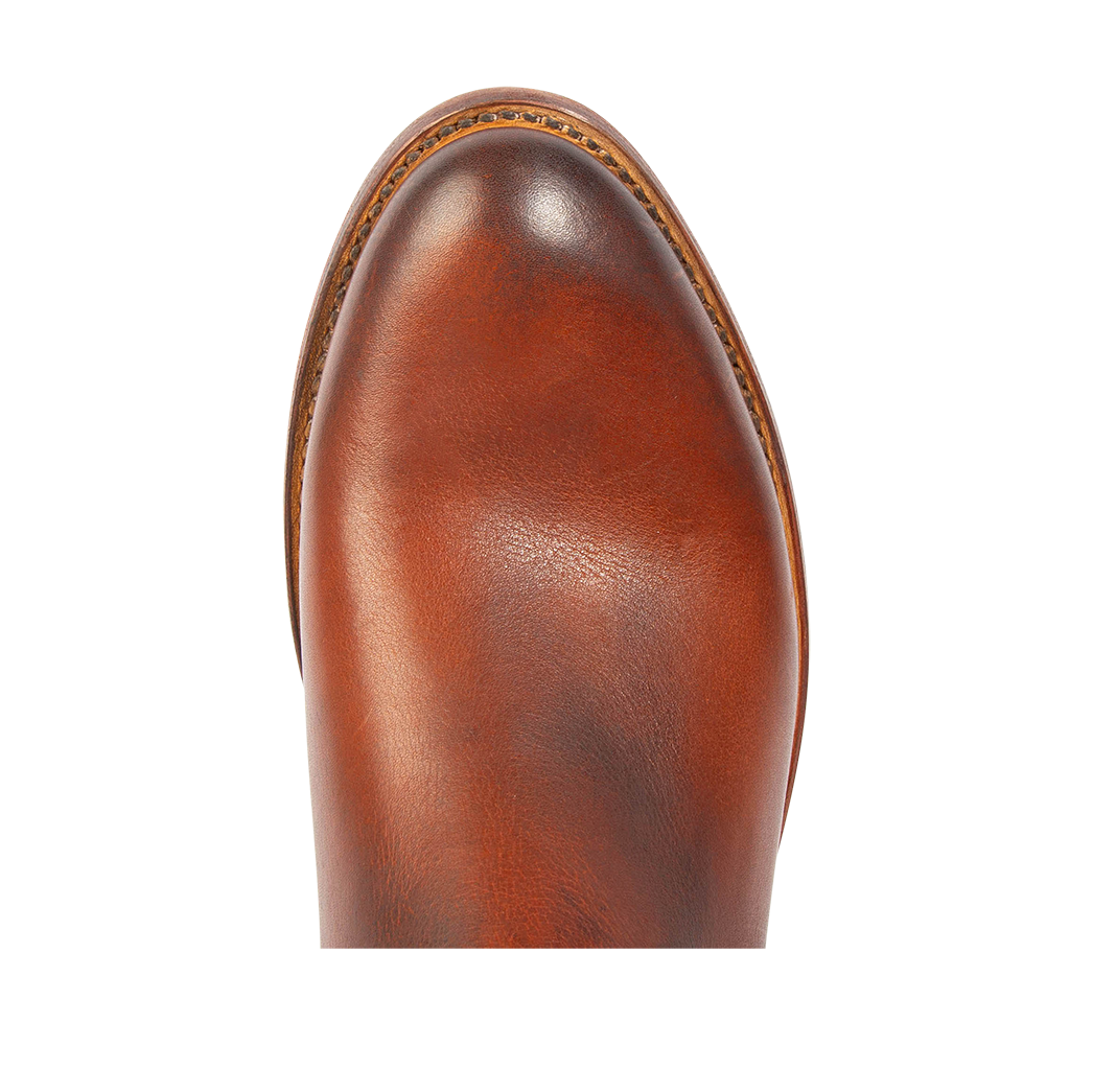 Top view showing an almond toe and a Goodyear welt on FREEBIRD men's Portland rust leather boot  