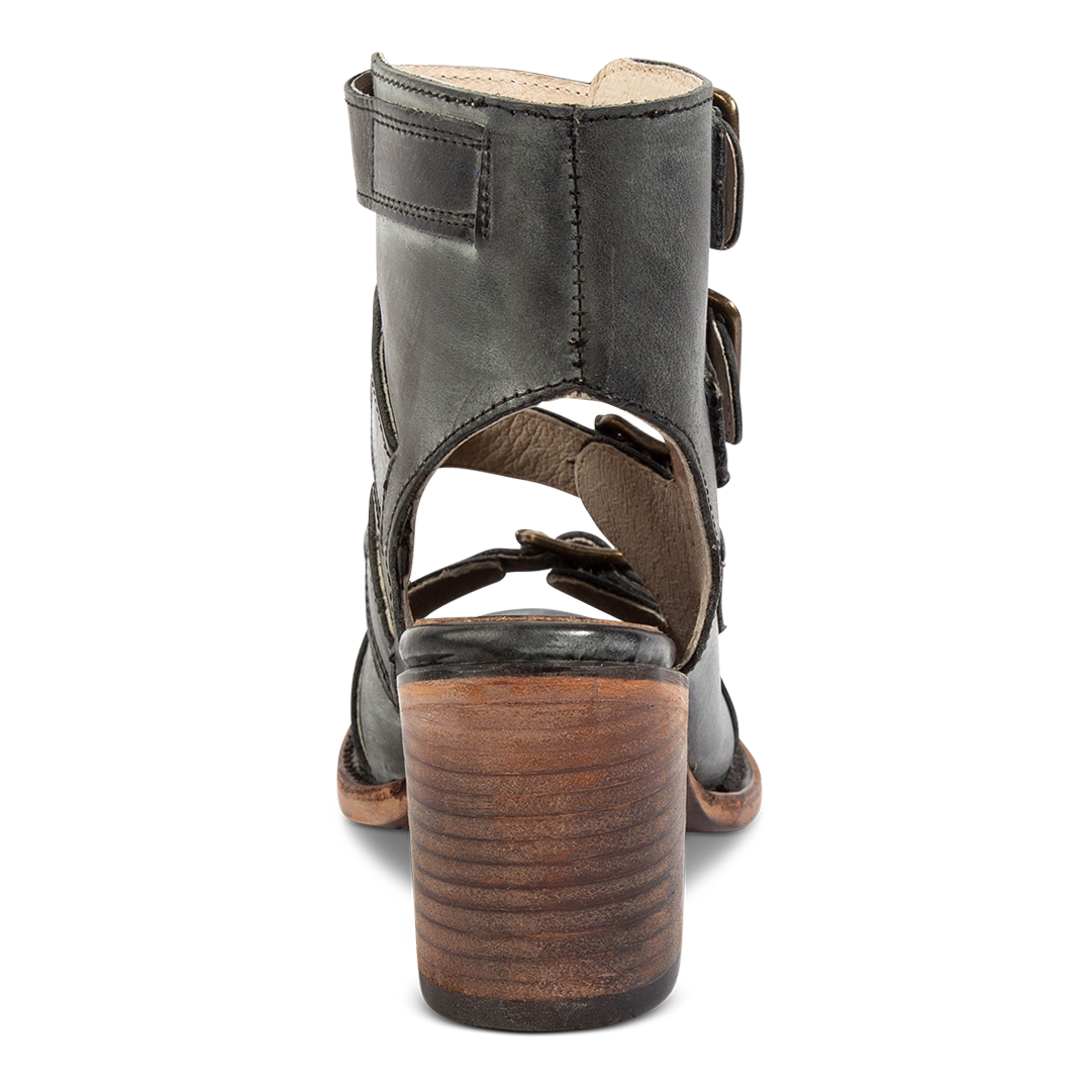 Back view leather cutout detailing and side buckle straps FREEBIRD women's Quail black sandal