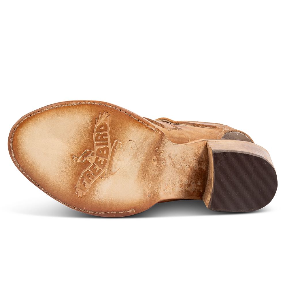Leather sole imprinted with FREEBIRD on women's women's Quail honey sandal