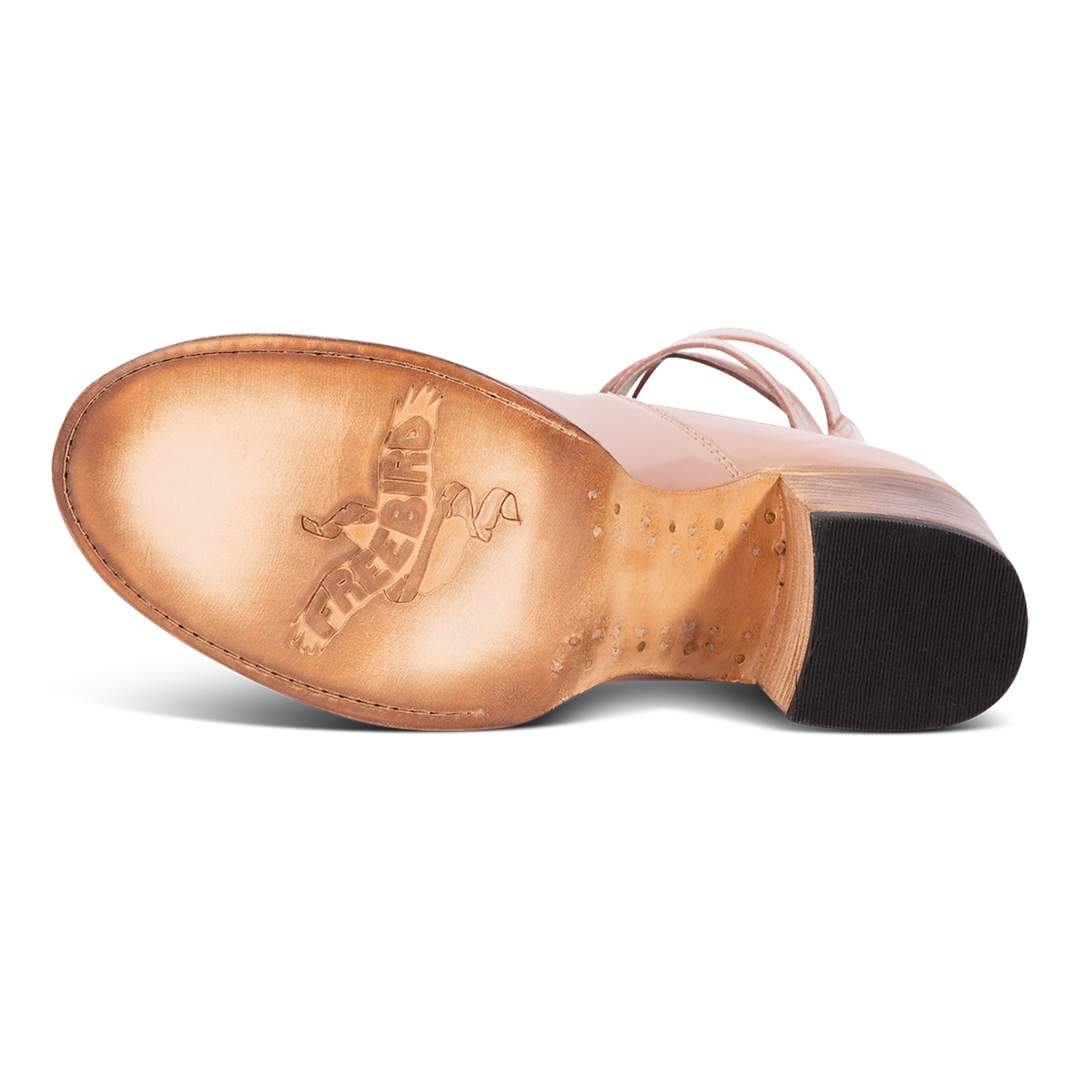 Leather sole imprinted with FREEBIRD on women's Randi blush patent leather heels