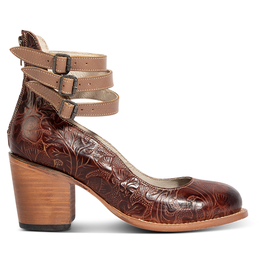 clay multi RANDI leather mid-heel shoes with open construction, triple ankle straps, and metallic buckles.