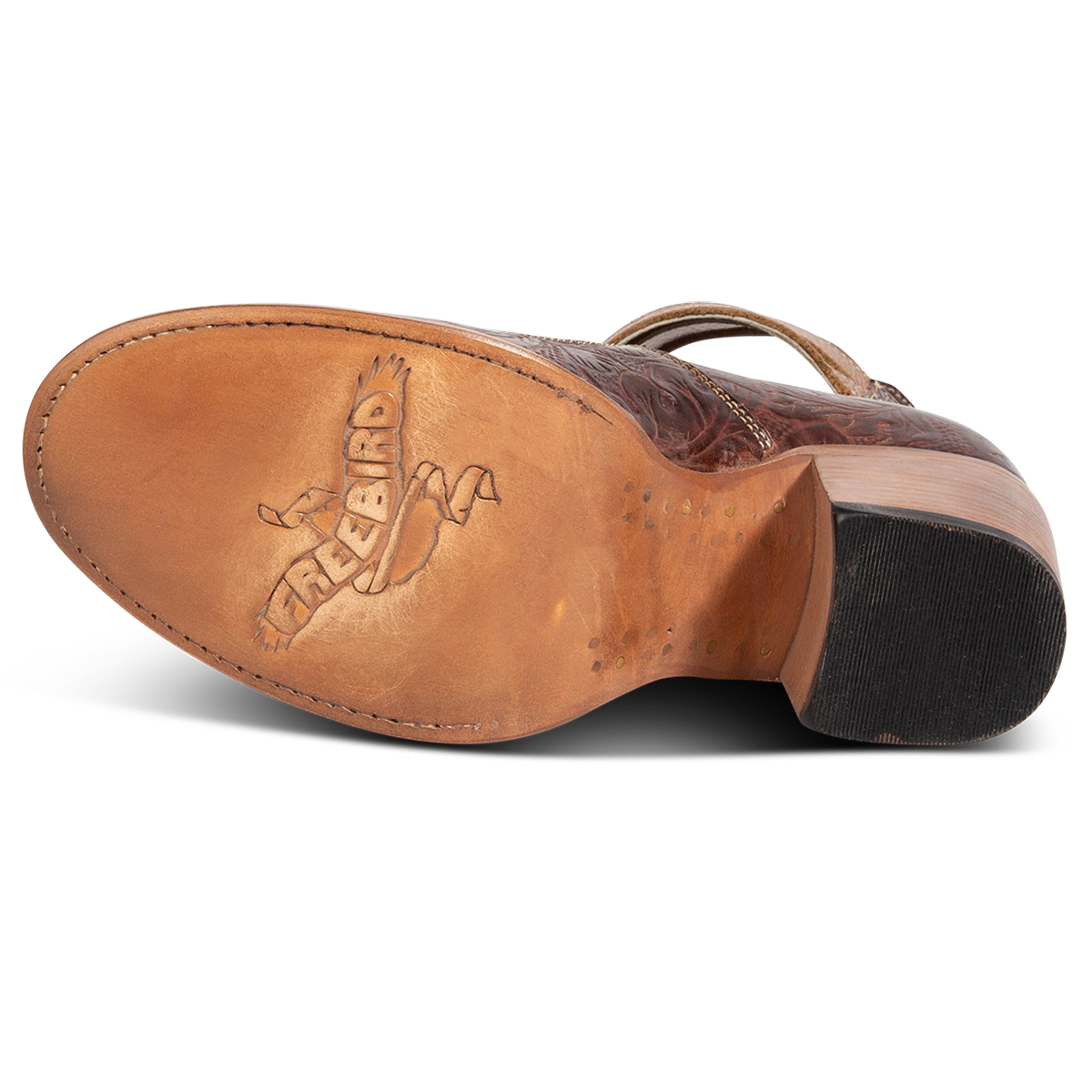 Leather sole imprinted with FREEBIRD on women’s Randi clay multi leather shoe