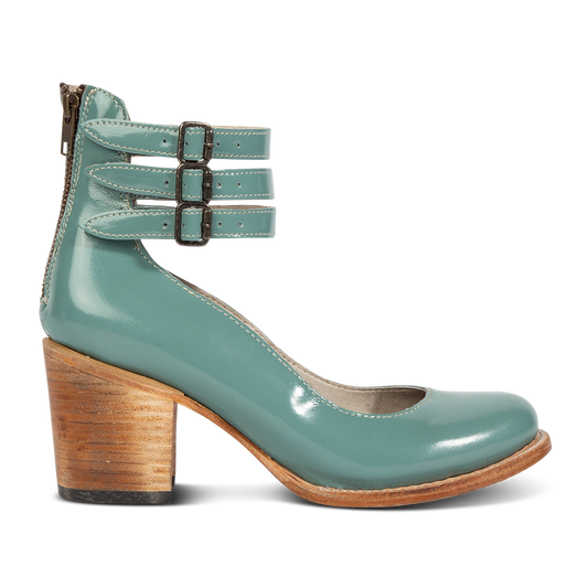 Freebird women's RANDI teal patent leather ankle strap heels with a round toe, three adjustable metal buckles, and a back zipper.