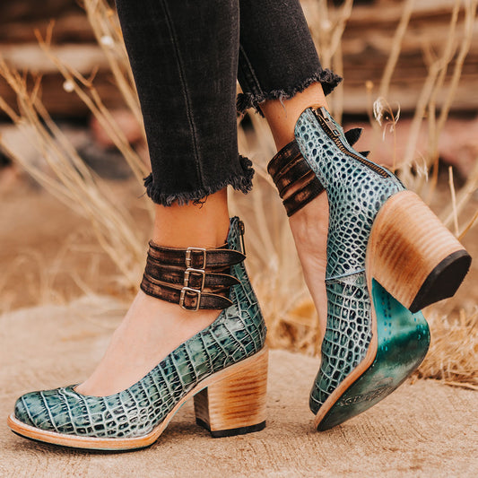 FREEBIRD women's Randi turquoise croco embossed leather open construction ankle strap heel with adjustable rustic buckles