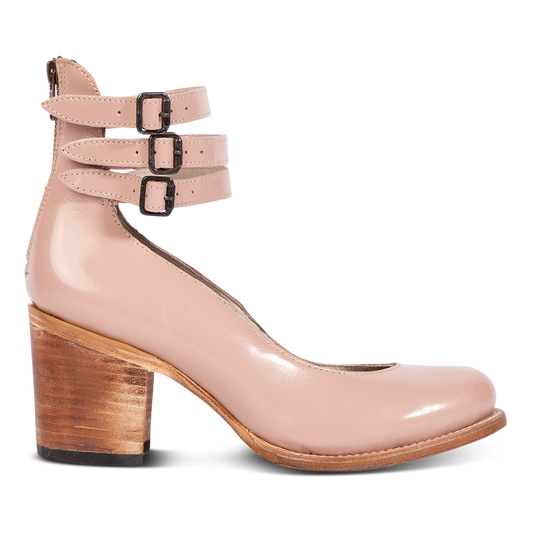 Freebird women's RANDI blush patent leather ankle strap heels with a round toe, three adjustable metal buckles, and a back zipper.