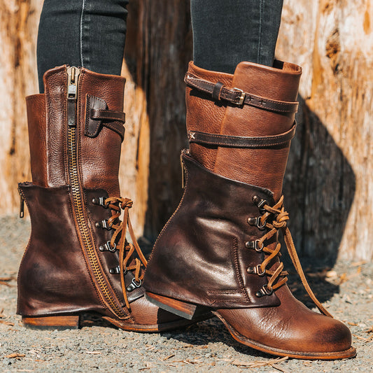 FREEBIRD women's Ravi brown two-toned leather front lacing inner zip closure mid calf boot
