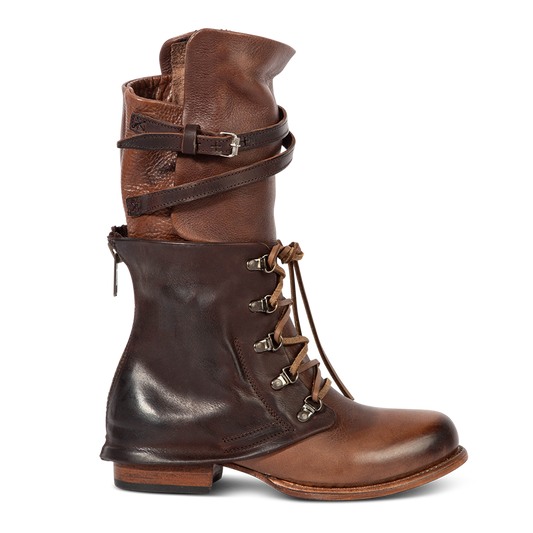 FREEBIRD women's Ravi brown two-toned leather front lacing inner zip closure mid calf boot