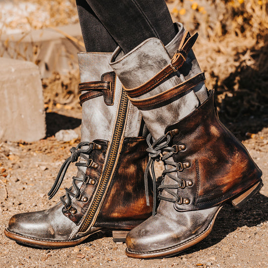 FREEBIRD women's Ravi ice two-toned leather front lacing inner zip closure mid calf boot