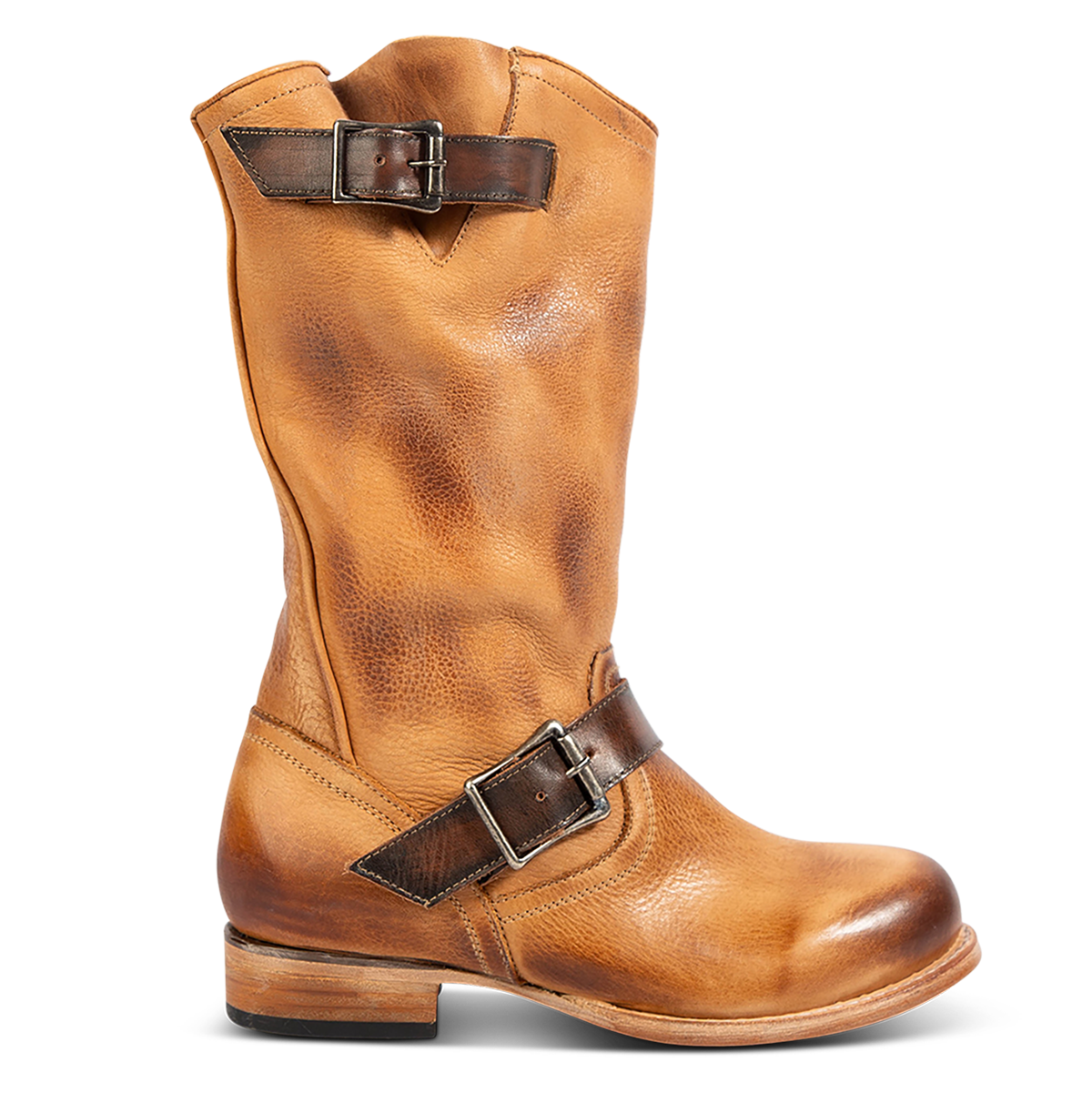 FREEBIRD women's Rip wheat leather boot with functioning buck straps, a working brass inside zipper and a low block heel