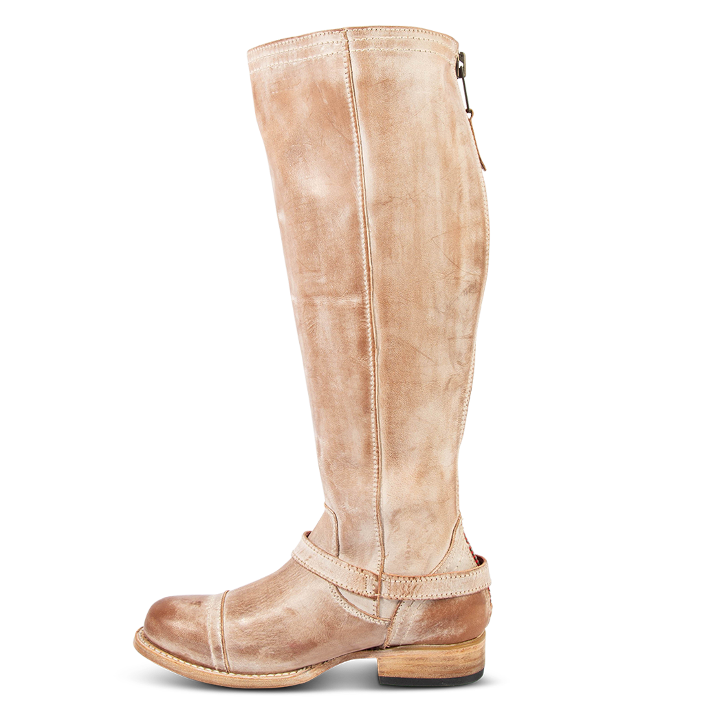 Inside view showing FREEBIRD women's Roadey taupe leather tall shaft boot with a low block heel and working full back zipper