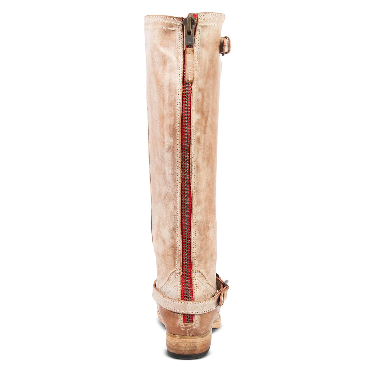Back view showing working red tracked zipper with pull tab on FREEBIRD women's Roadey taupe tall leather boot
