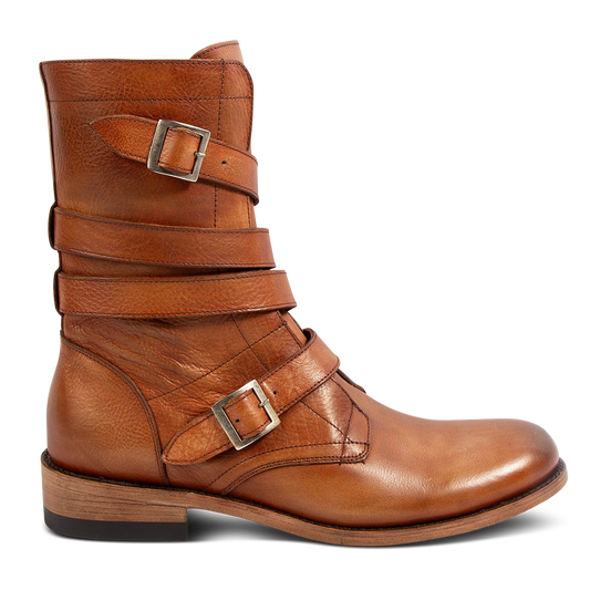 FREEBIRD men's Rumble whiskey leather boot with adjustable leather straps, a working brass zipper and stacked heel