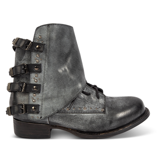 FREEBIRD women's Rynn black leather bootie with a protective leather overlay, front tie lacing and side snap closures