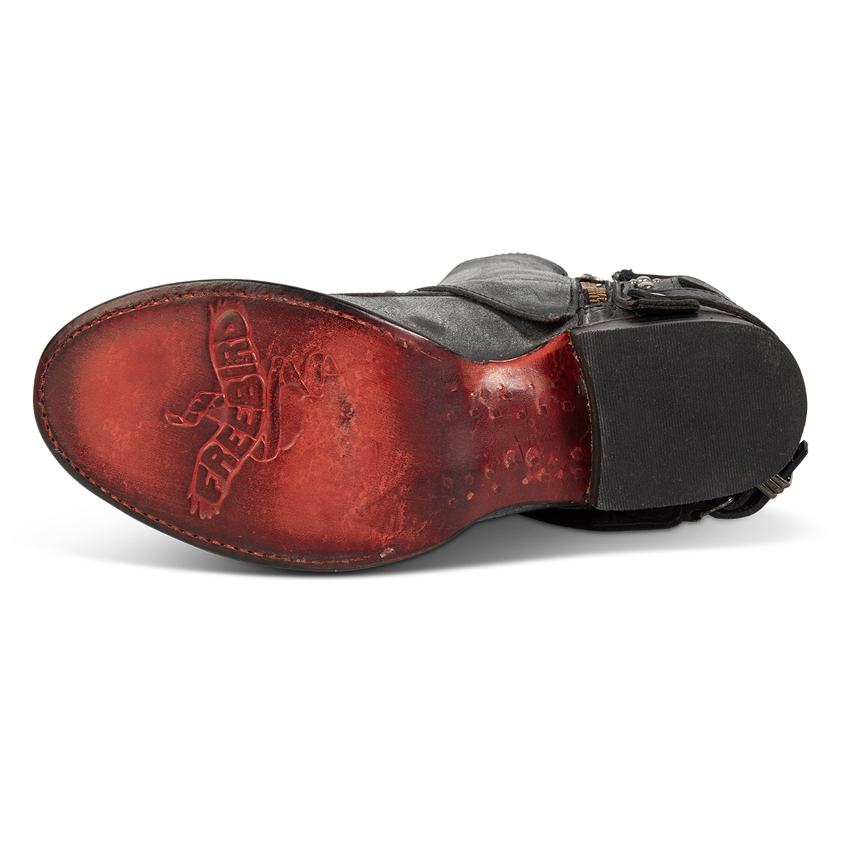 Leather sole imprinted with FREEBIRD on women's Rynn black leather bootie