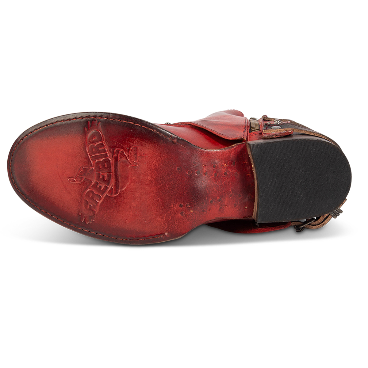 Leather sole imprinted with FREEBIRD on women's Rynn red leather bootie
