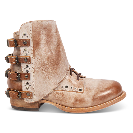 FREEBIRD women's Rynn taupe leather bootie with a protective leather overlay, front tie lacing and side snap closures