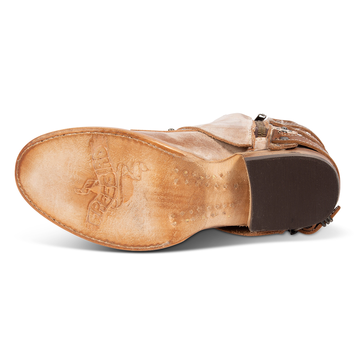 Leather sole imprinted with FREEBIRD on women's Rynn taupe leather bootie
