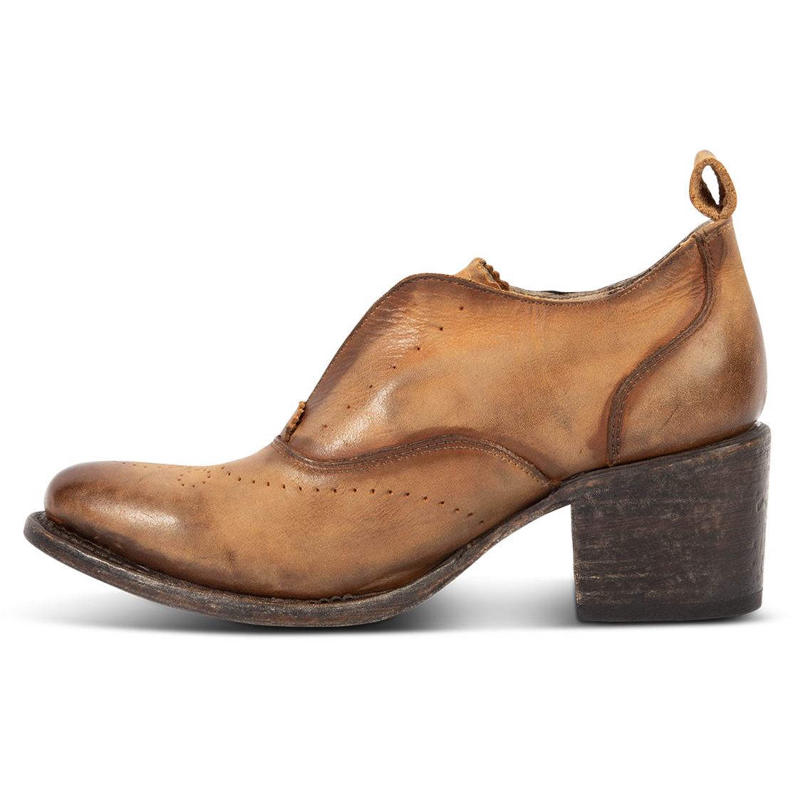 Inside view showing a stacked heel, brogue detailing and single leather pull strap on FREEBIRD women's Sadie Brown leather shoe