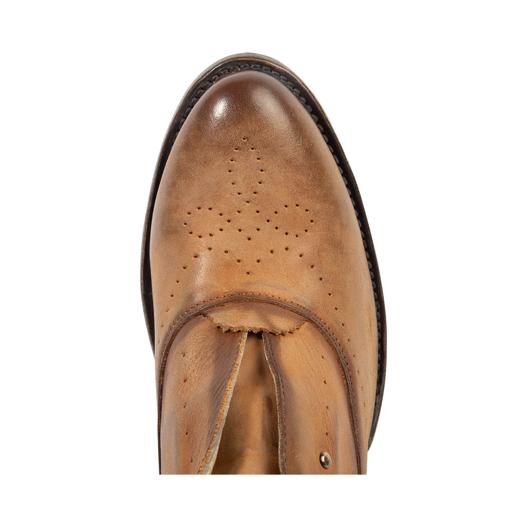 Top view showing an almond toe and scalloped tongue on FREEBIRD women's Sadie Brown leather oxford