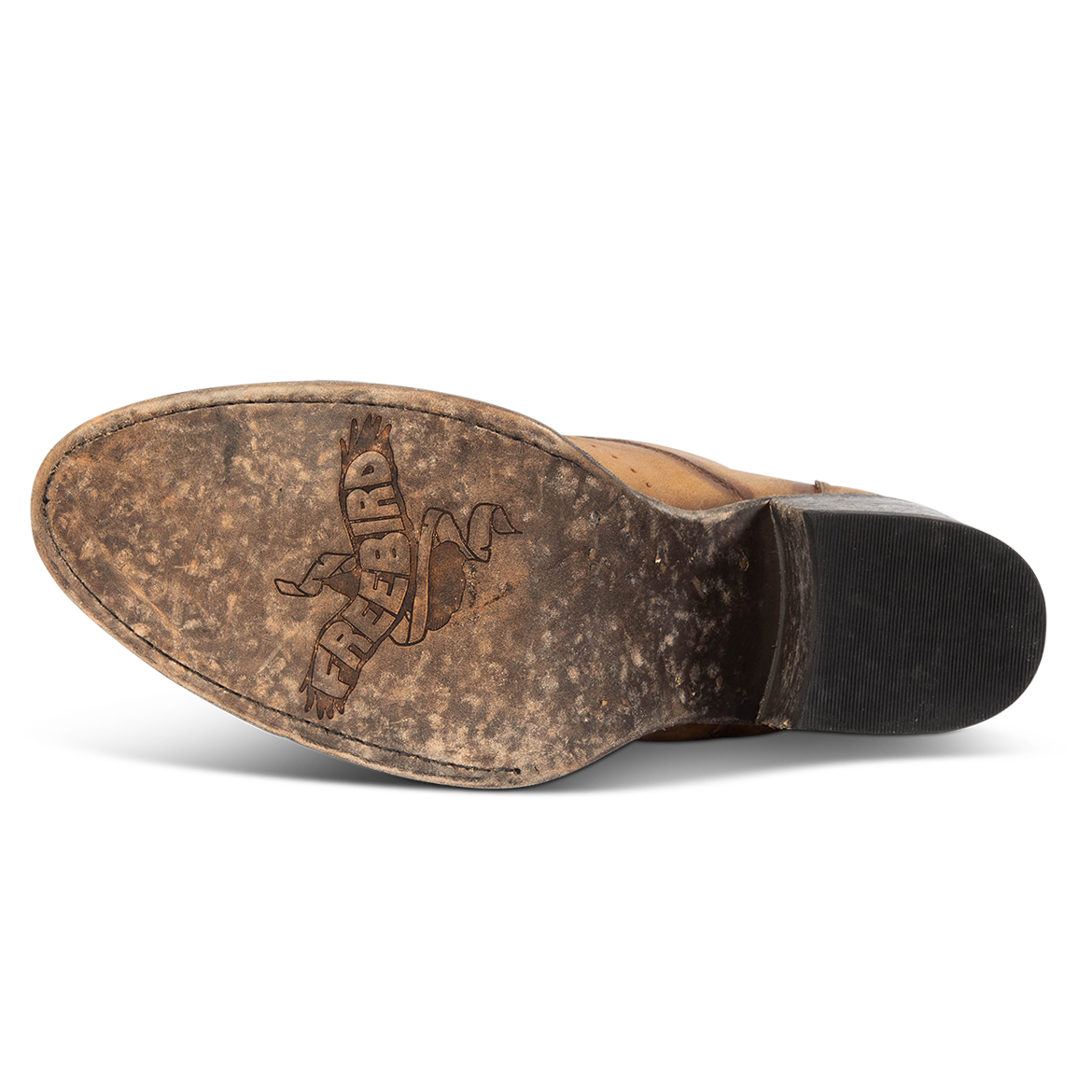 Leather sole imprinted with FREEBIRD on women's FREEBIRD Sadie Brown leather Oxford 
