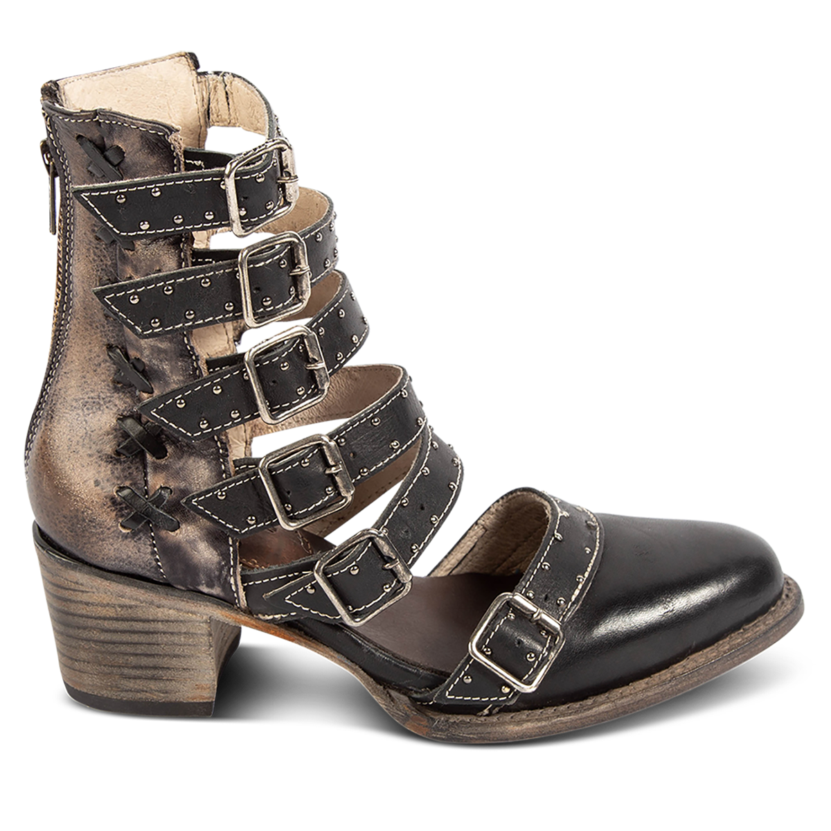 FREEBIRD women's Salty black leather bootie with adjustable leather straps, a low block heel and an almond toe