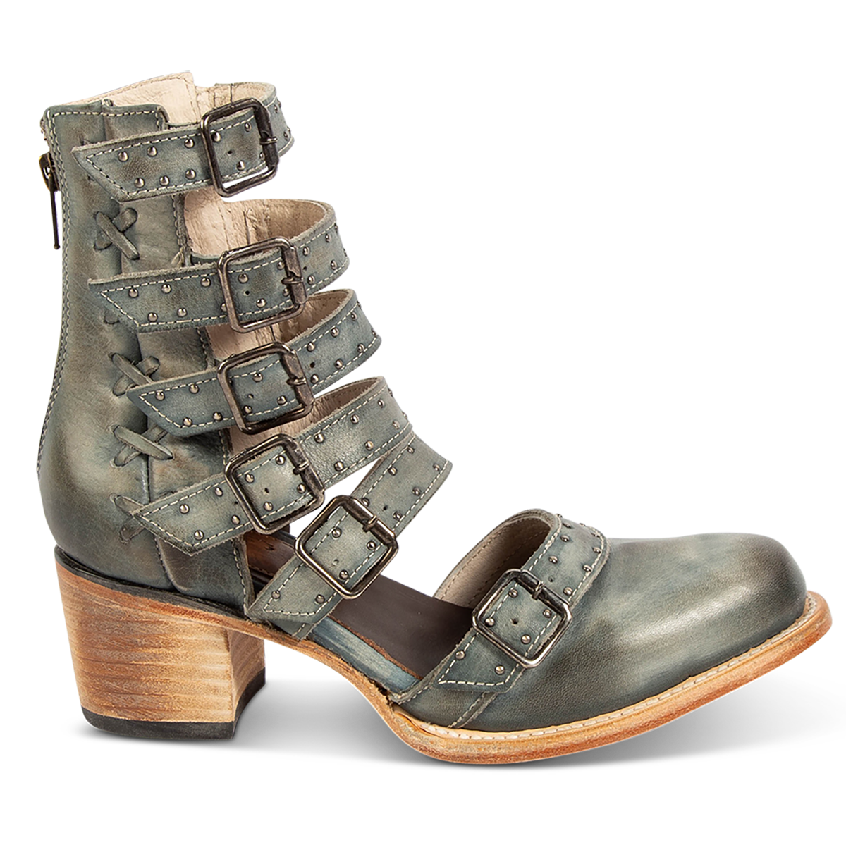 FREEBIRD women's Salty blue leather bootie with adjustable leather straps, a low block heel and an almond toe