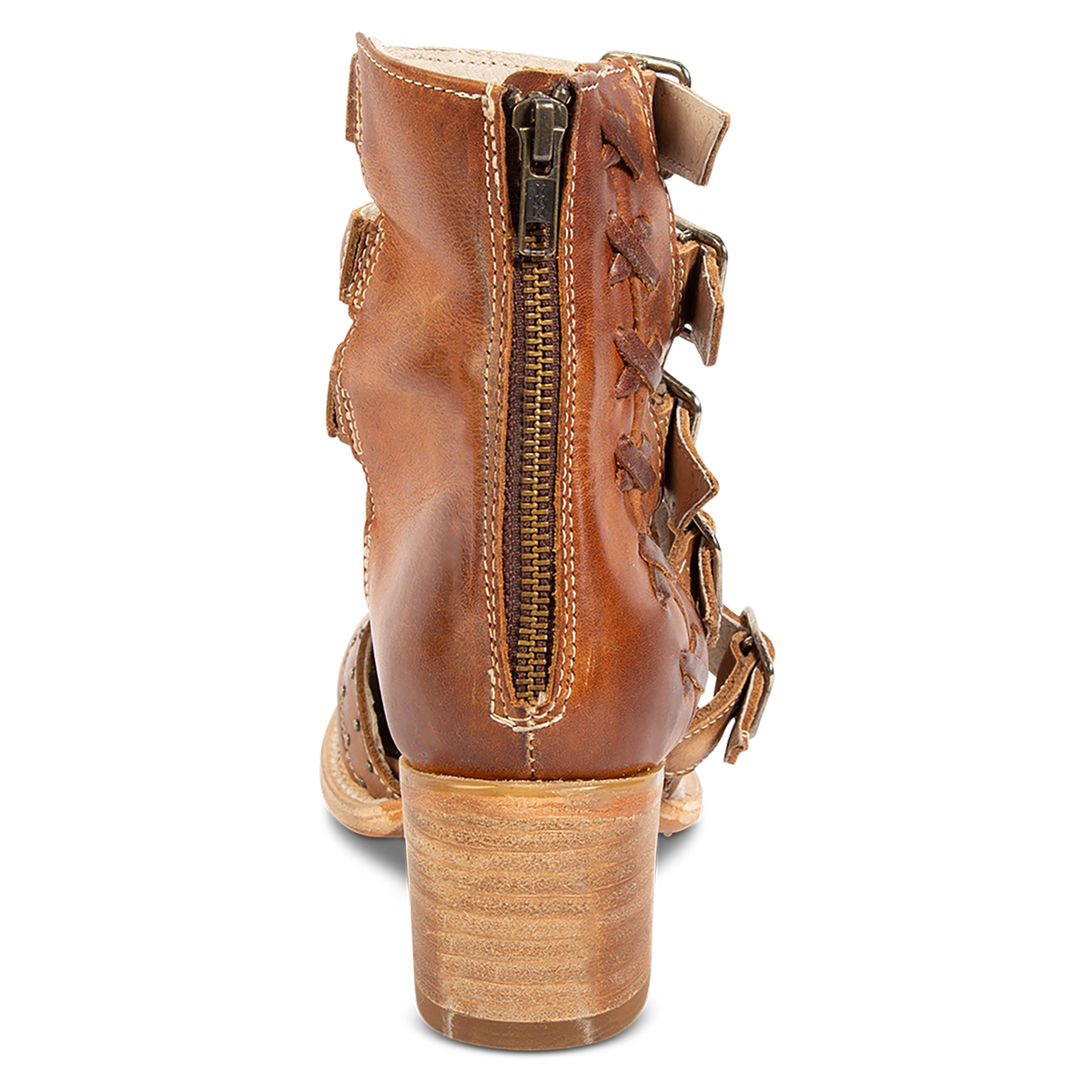 Back view showing a working brass hardware zipper and stacked heel on FREEBIRD women's Salty wheat leather bootie